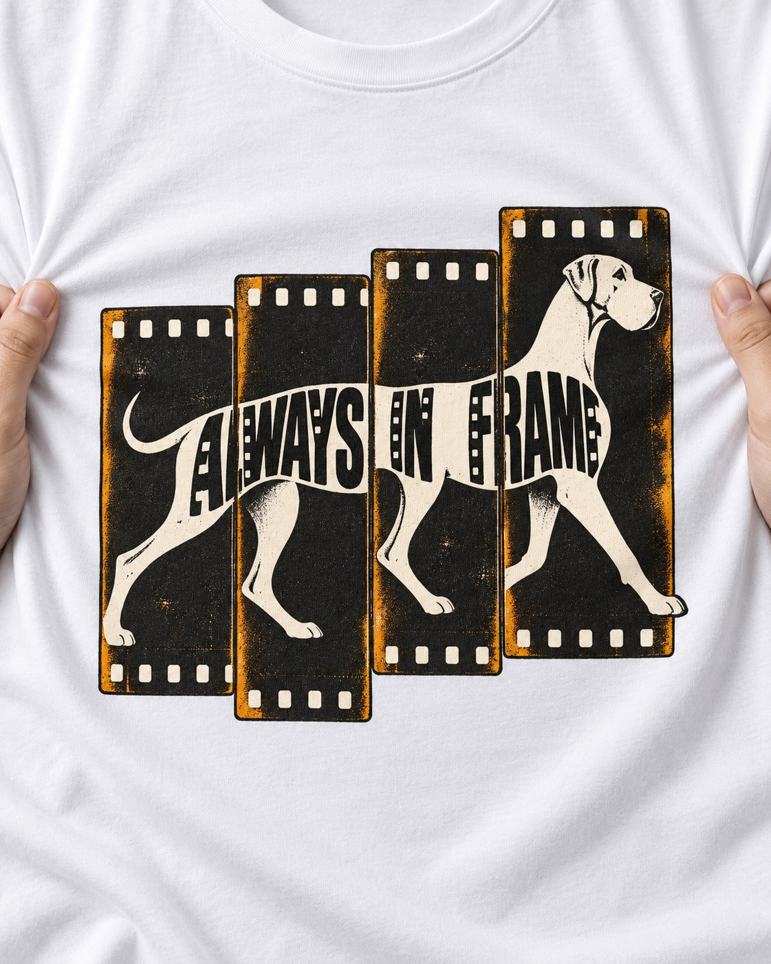 Great Dane Always in Frame T-Shirt in White, close-up of the graphic
