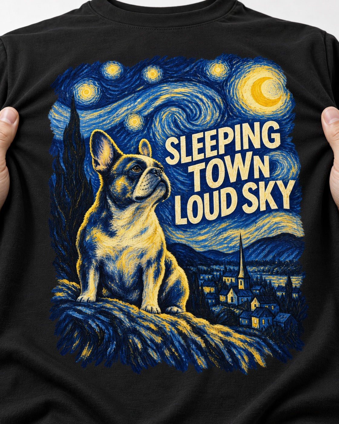 Frenchie Sleeping Town Loud Sky Graphic T-Shirt in Black, close-up of the graphic
