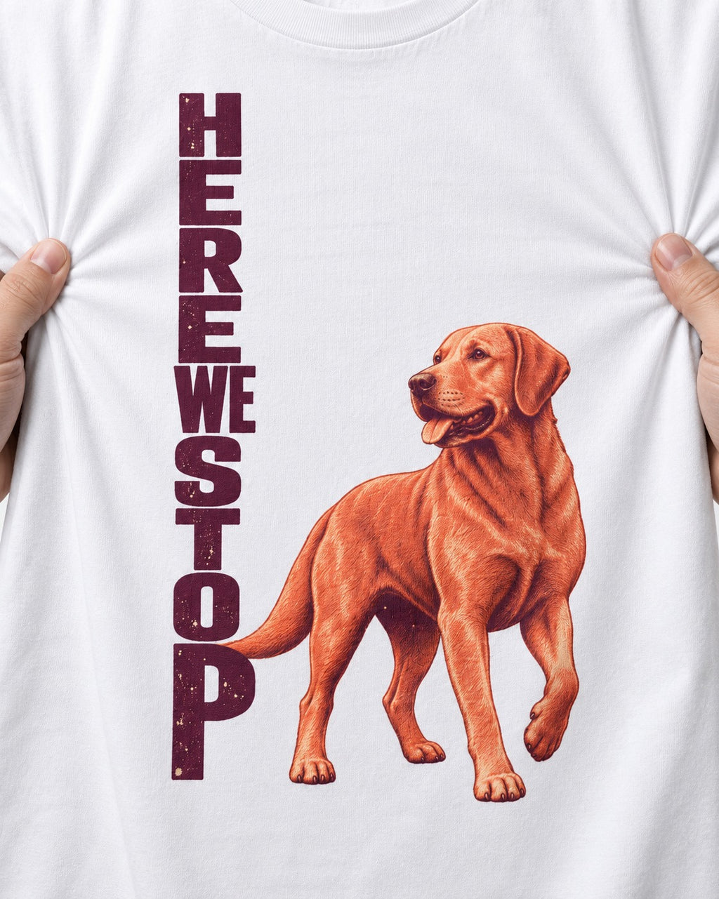 Here We Stop Labrador Retriever T-Shirt in White, close-up of the graphic