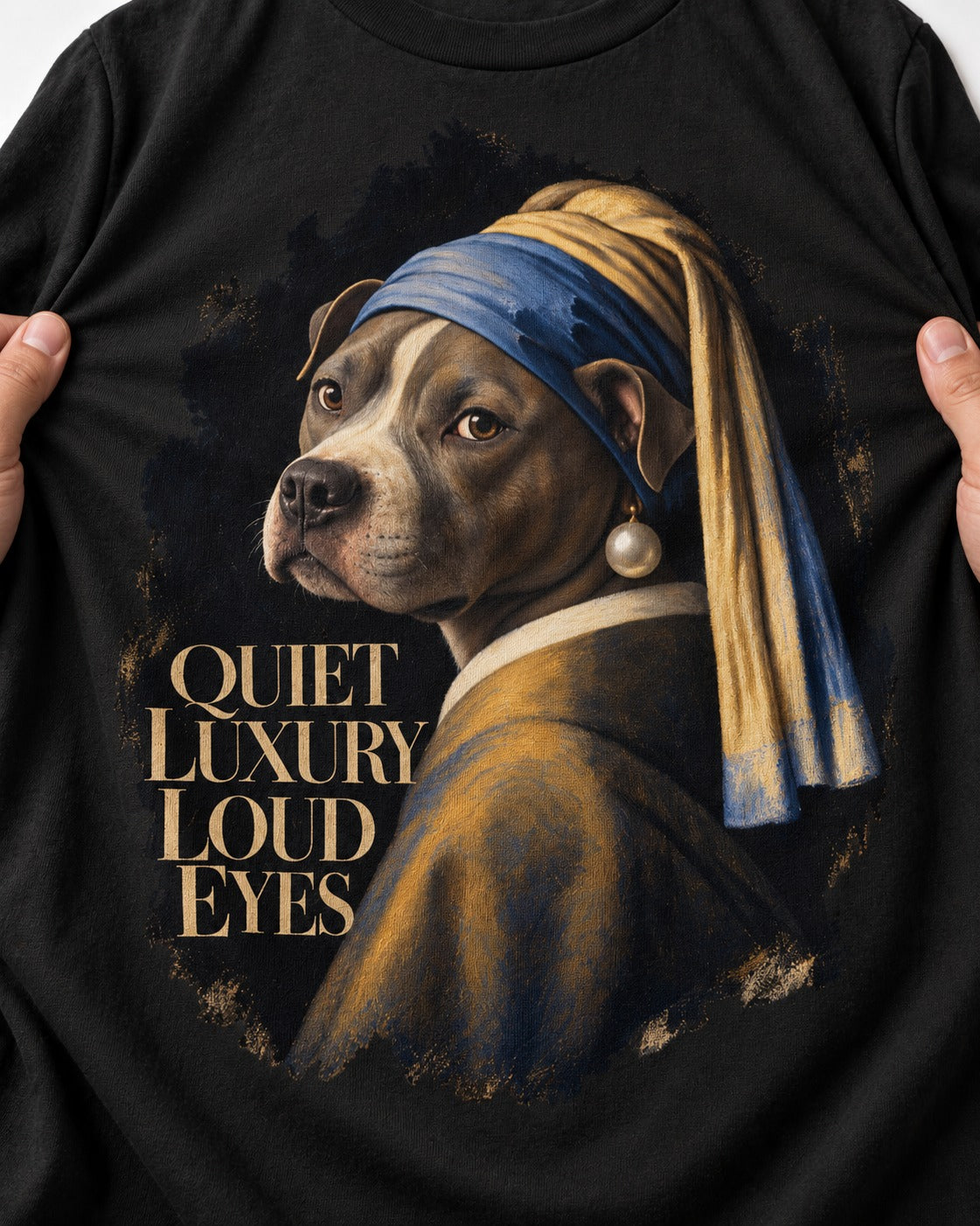Pitbull Quiet Luxury Loud Eyes Pearl Earring Portrait Graphic T-Shirt in Black, close-up of the graphic