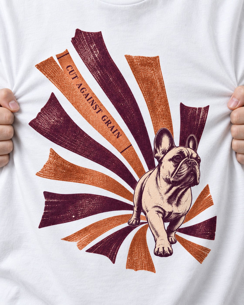 Frenchie Against the Grain T-Shirt in White, close-up of the graphic