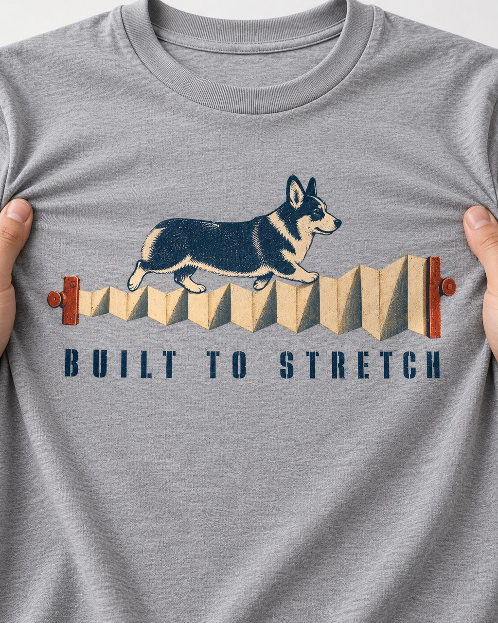 Corgi Built to Stretch Accordion Graphic T-Shirt in Sport Grey, close-up of the graphic
