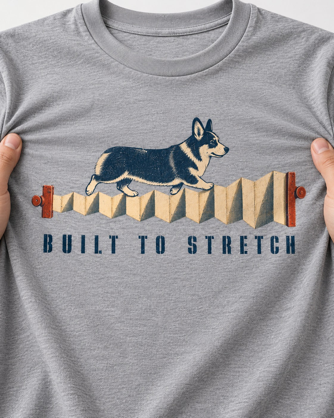 Corgi Built to Stretch Accordion Graphic T-Shirt in Sport Grey, close-up of the graphic