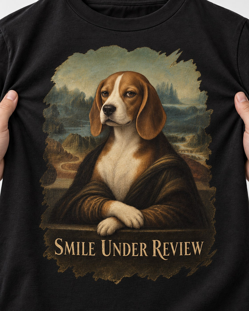Smile Under Review Beagle Portrait T-Shirt in Black, close-up of the graphic