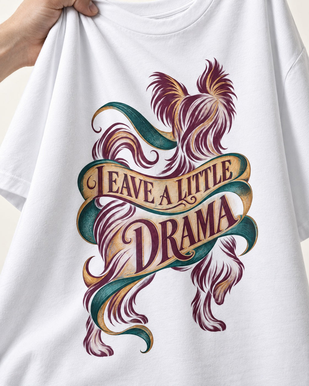 Leave a Little Drama Yorkshire Terrier T-Shirt in White, close-up of the graphic