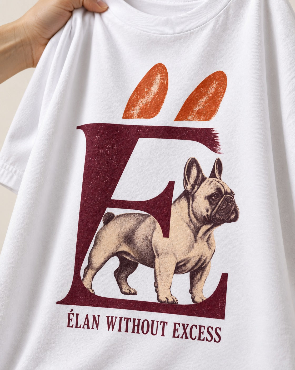 Frenchie Without Excess T-Shirt in White, close-up of the graphic