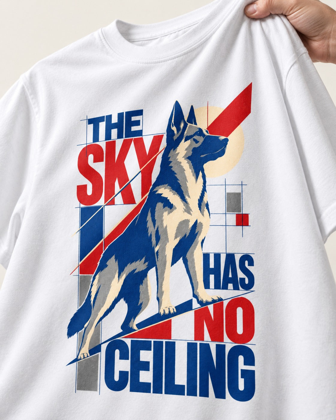 Sky Has No Ceiling German Shepherd Dog T-Shirt in White, close-up of the graphic