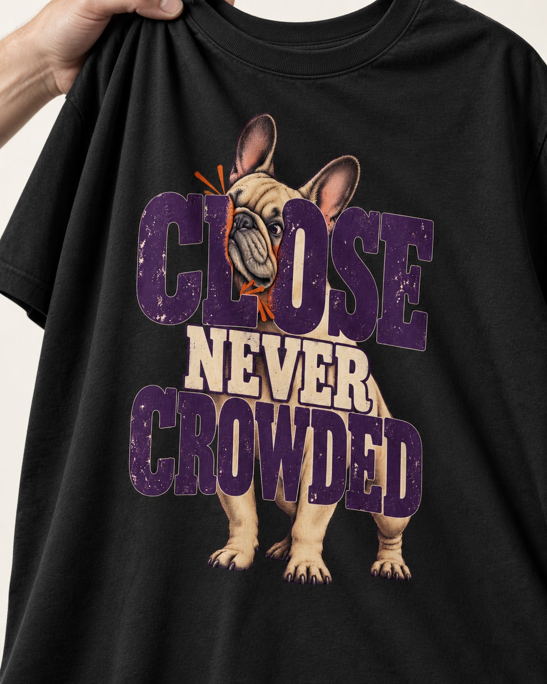 Frenchie Close Never Crowded Peekaboo Type Graphic T-Shirt in Black, close-up of the graphic