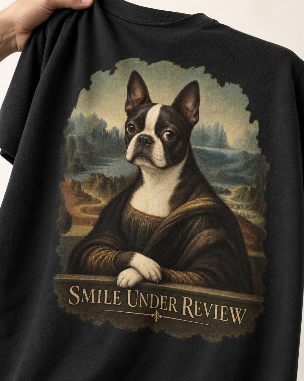 Smile Under Review Boston Terrier Mona Lisa Portrait T-Shirt in Black, close-up of the graphic