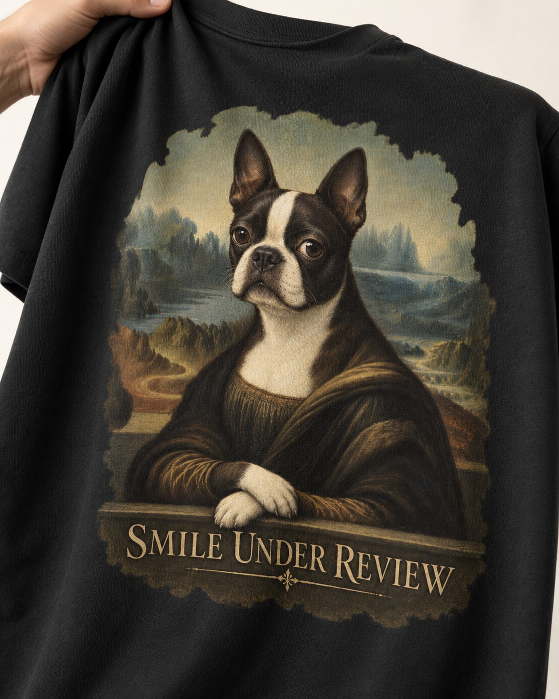 Smile Under Review Boston Terrier Mona Lisa Portrait T-Shirt in Black, close-up of the graphic