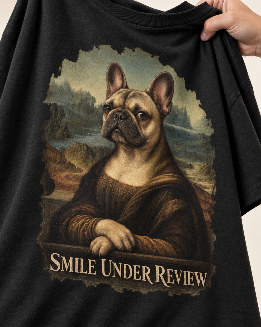 Frenchie Smile Under Review Renaissance Portrait T-Shirt in Black, close-up of the graphic