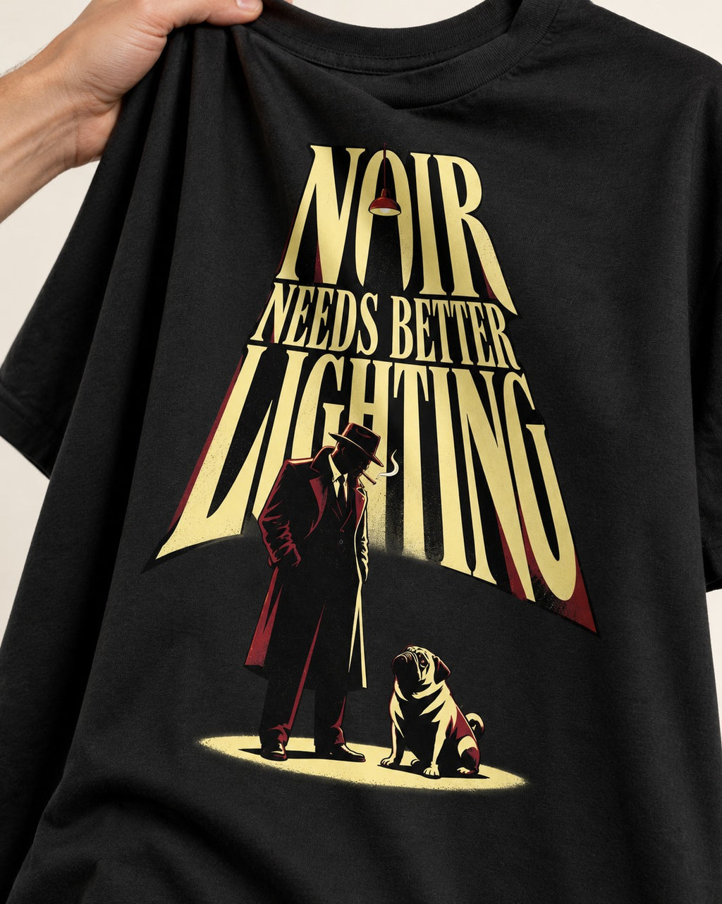 Pug Noir Needs Better Lighting Detective Graphic T-Shirt in Black, close-up of the graphic