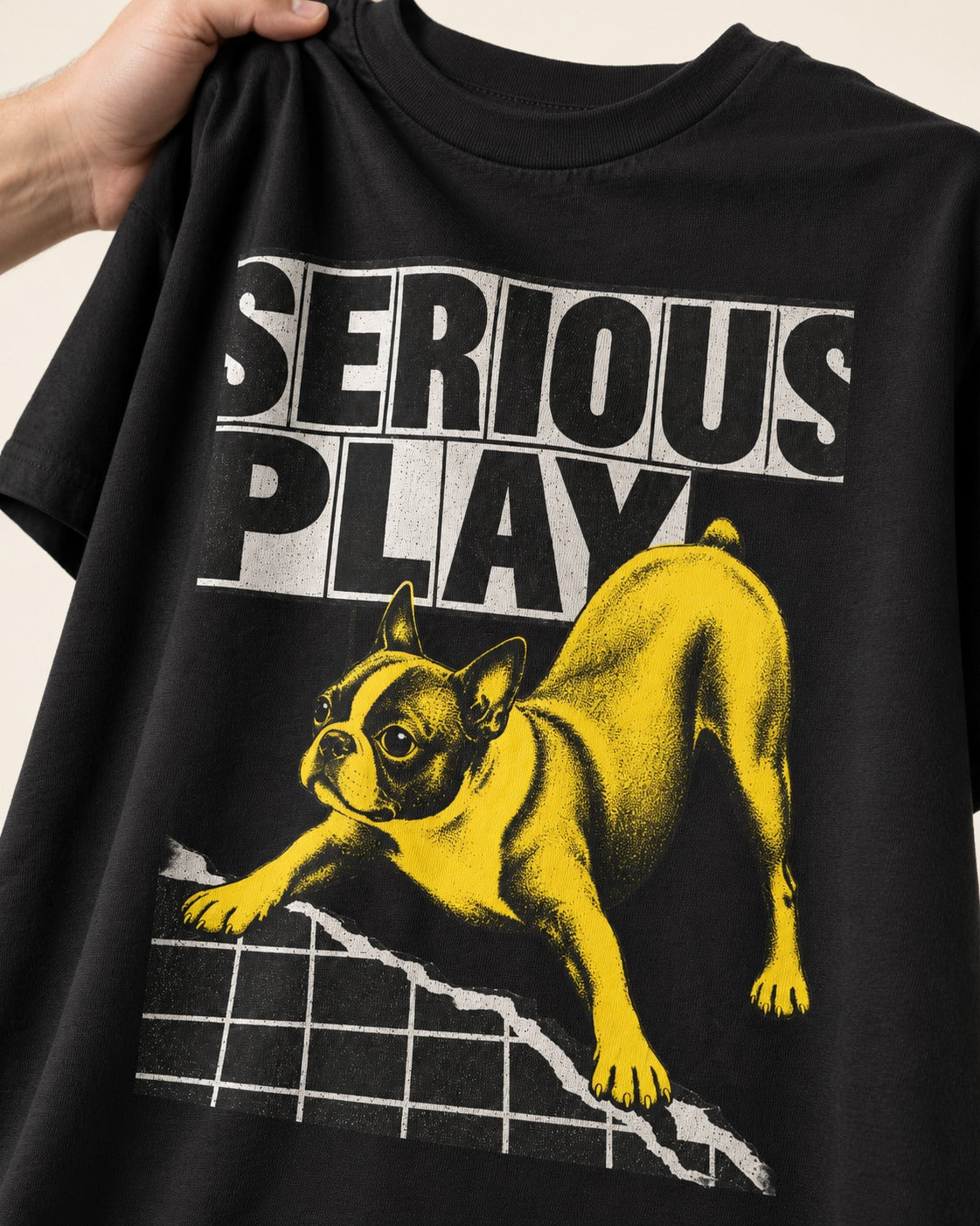 Boston Terrier Serious Play Agility Graphic T-Shirt in Black, close-up of the graphic