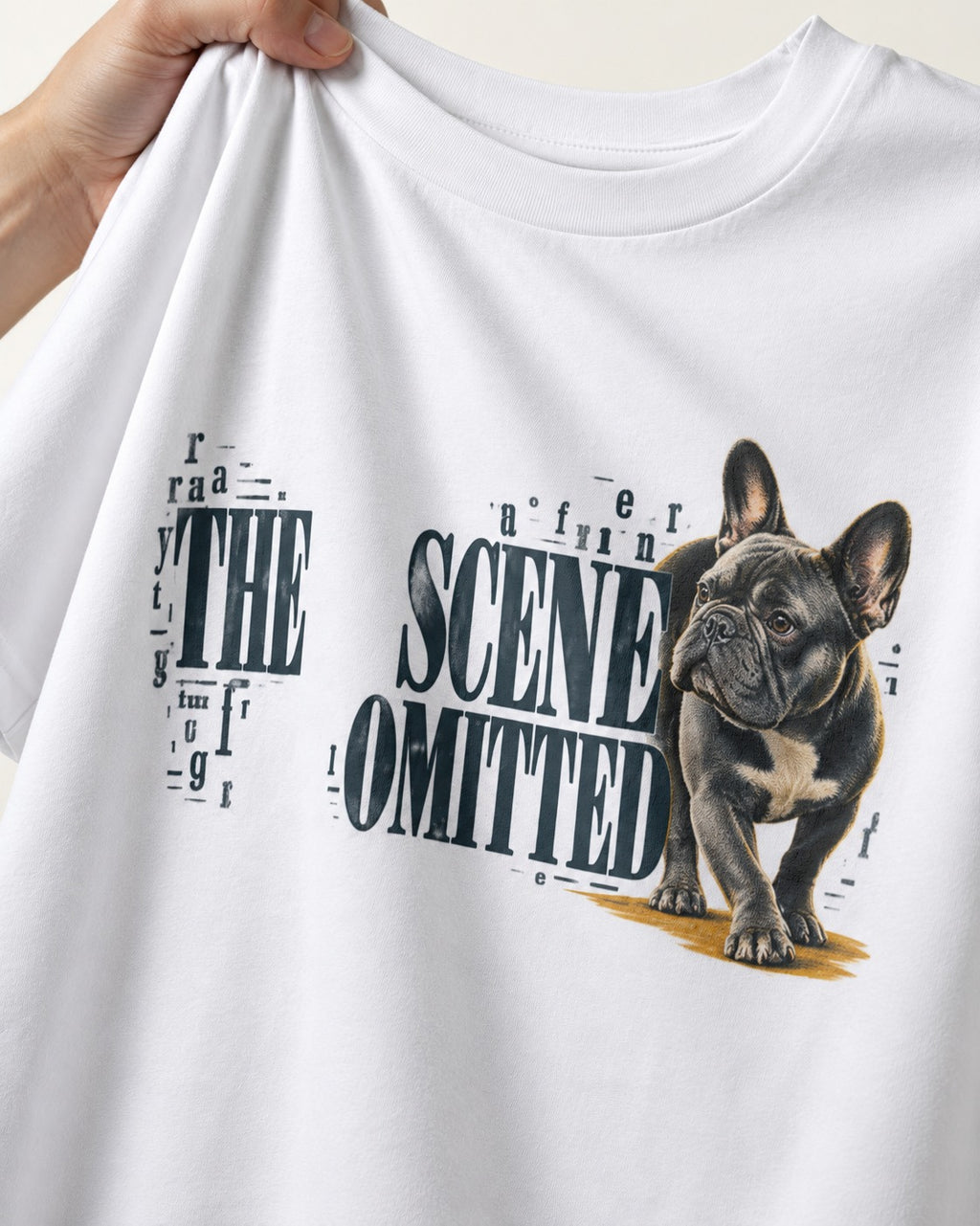 Scene Omitted for Frenchie T-Shirt in White, close-up of the graphic