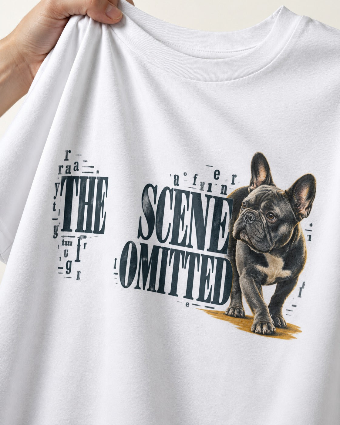 Scene Omitted for Frenchie T-Shirt in White, close-up of the graphic