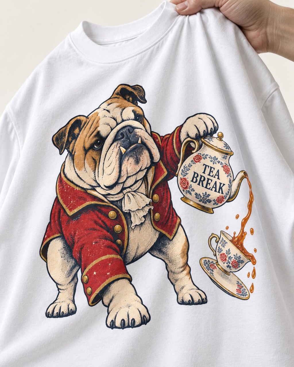 English Bulldog Tea Break T-Shirt in White, close-up of the graphic