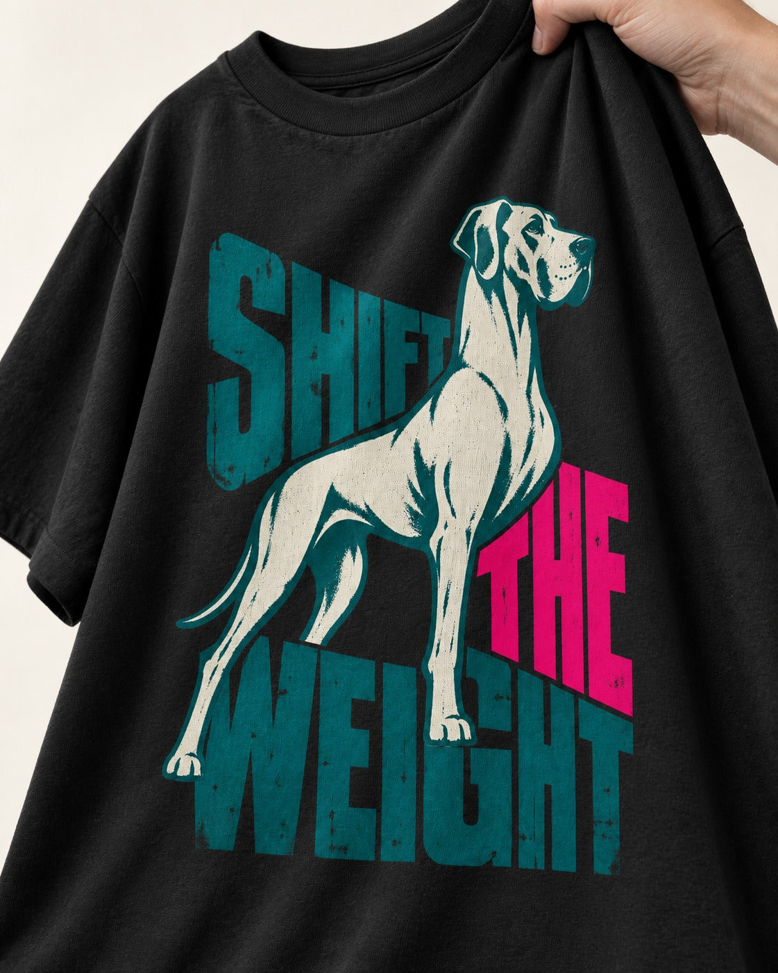 Great Dane Shift the Weight Standing Graphic T-Shirt in Black, close-up of the graphic