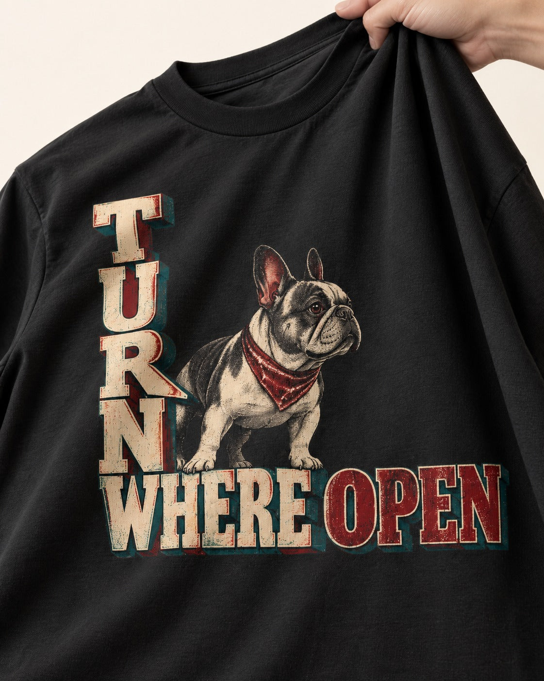 Turn Where Open Frenchie T-Shirt in Black, close-up of the graphic