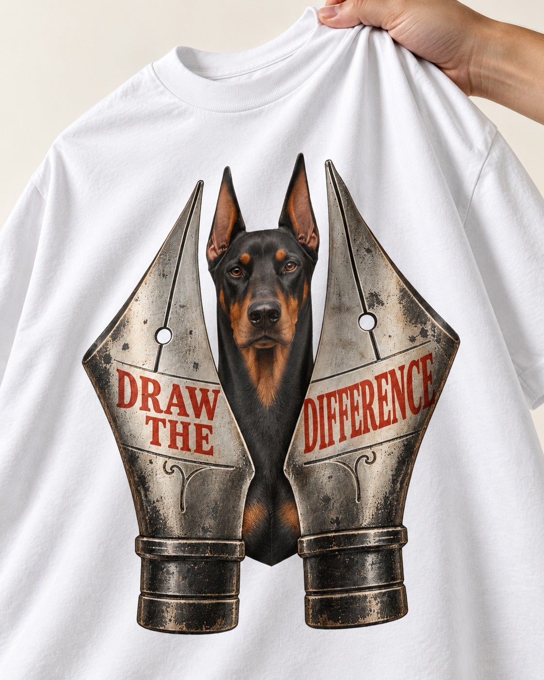Doberman Draw the Difference T-Shirt in White, close-up of the graphic