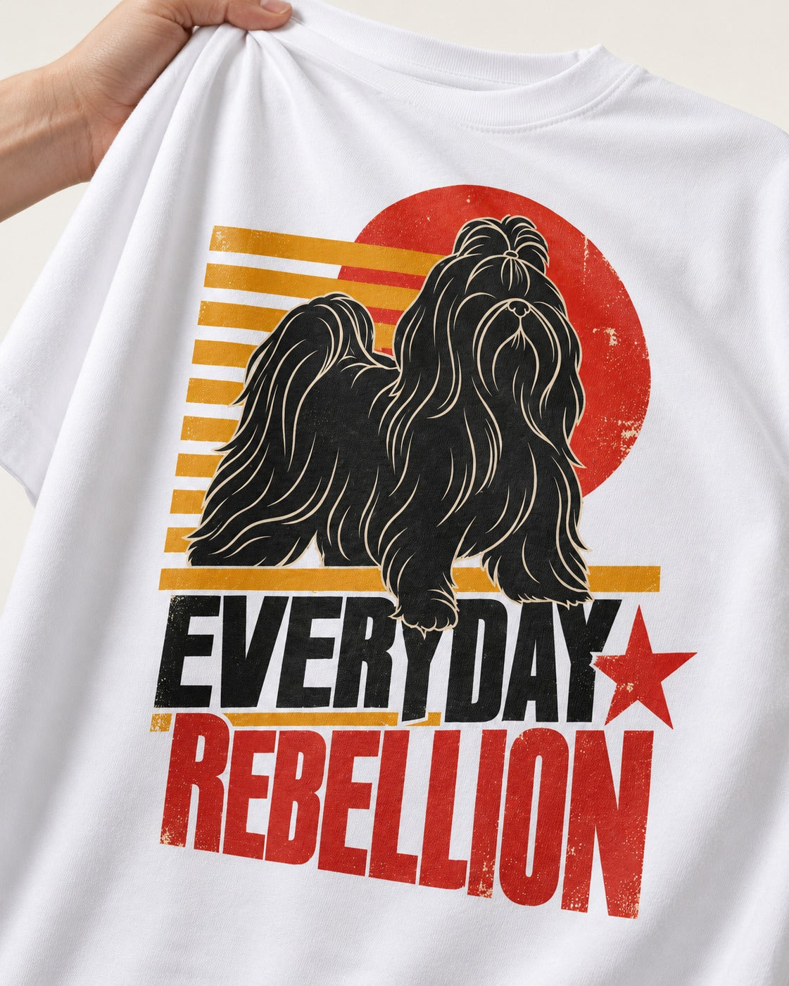 Everyday Rebellion Shih Tzu T-Shirt in White, close-up of the graphic