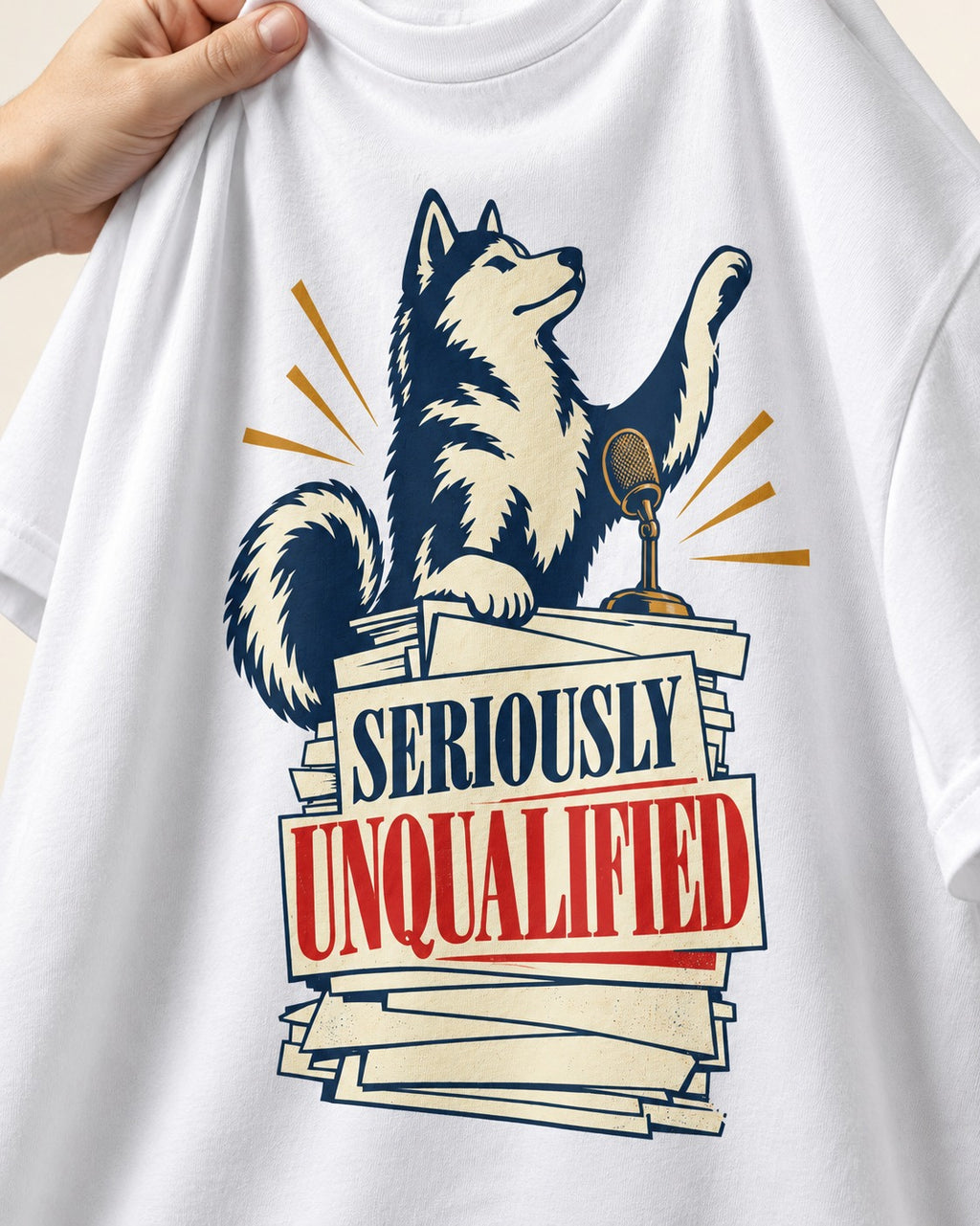 Seriously Unqualified Husky T-Shirt in White, close-up of the graphic