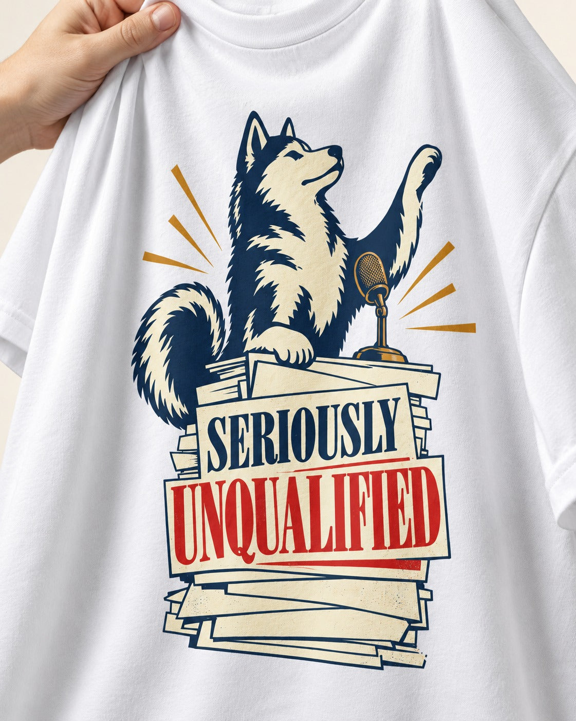 Seriously Unqualified Husky T-Shirt in White, close-up of the graphic