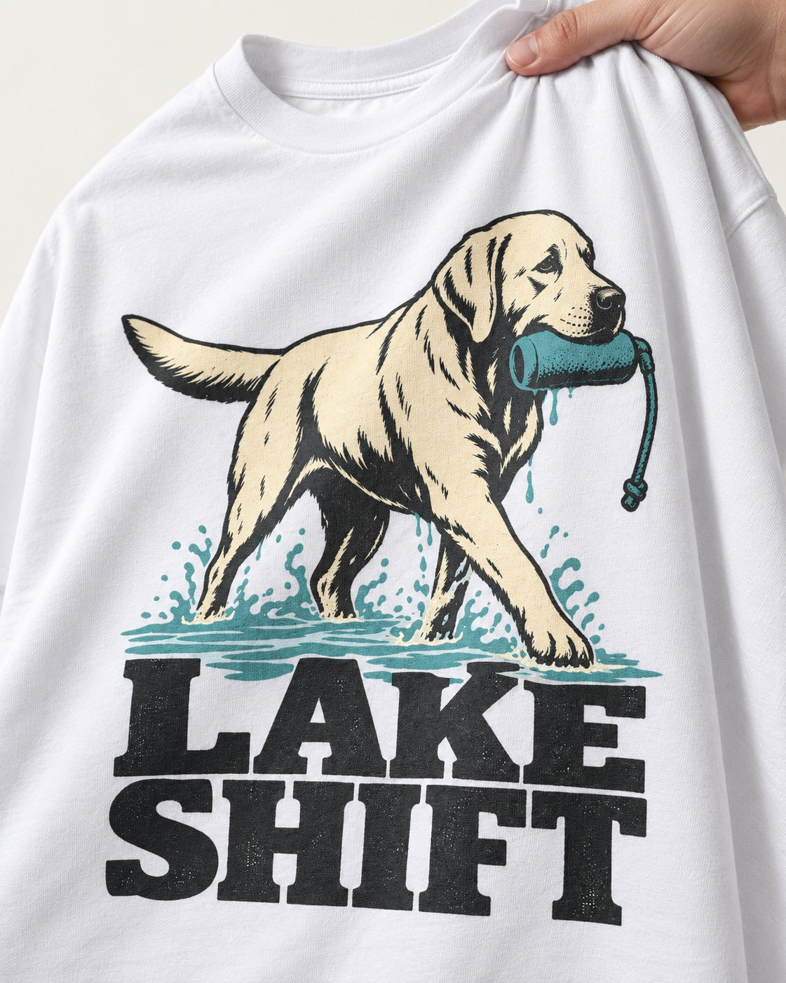 Lake Shift Labrador Retriever T-Shirt in White, close-up of the graphic