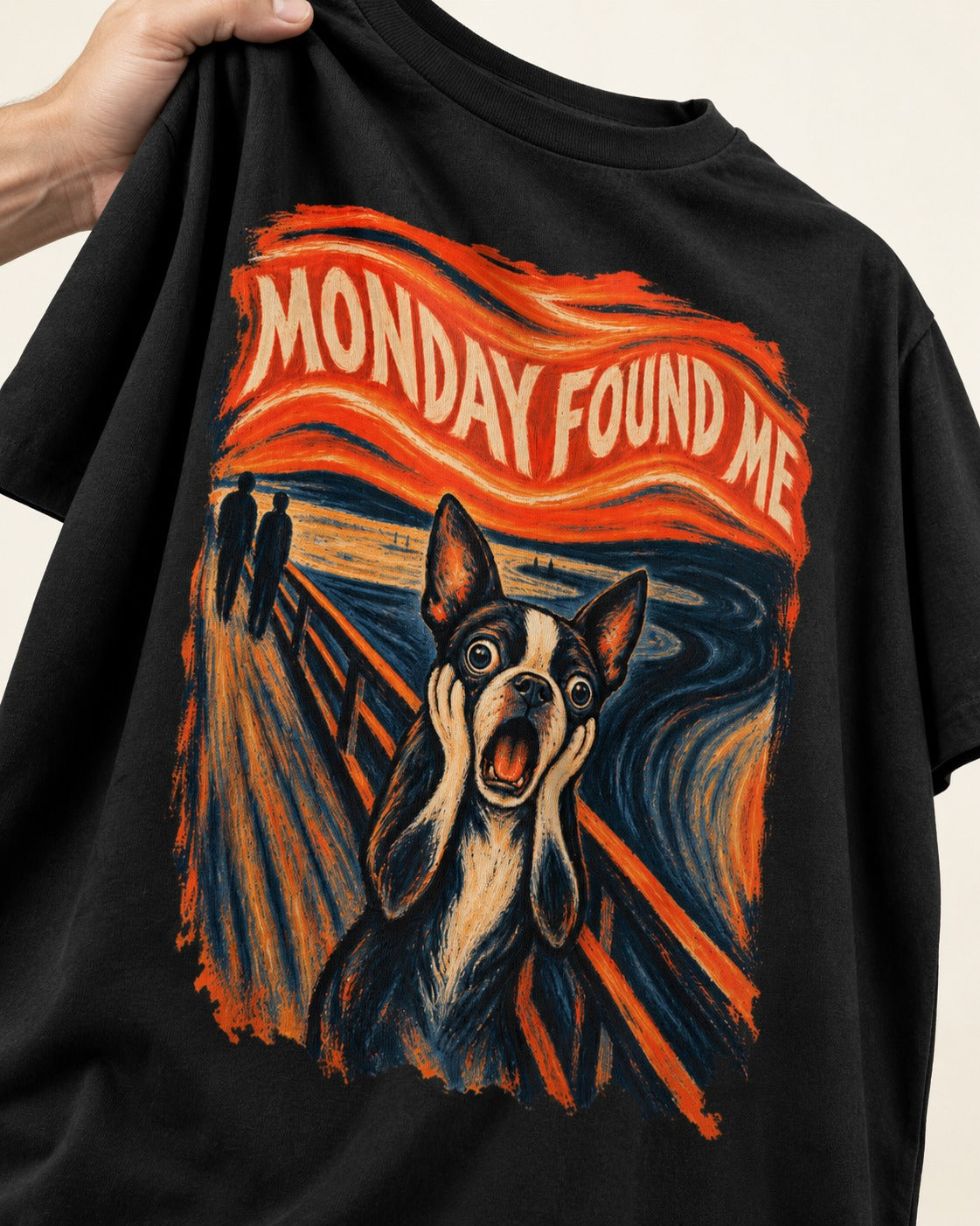 Monday Found Me Boston Terrier Scream Graphic T-Shirt in Black, close-up of the graphic