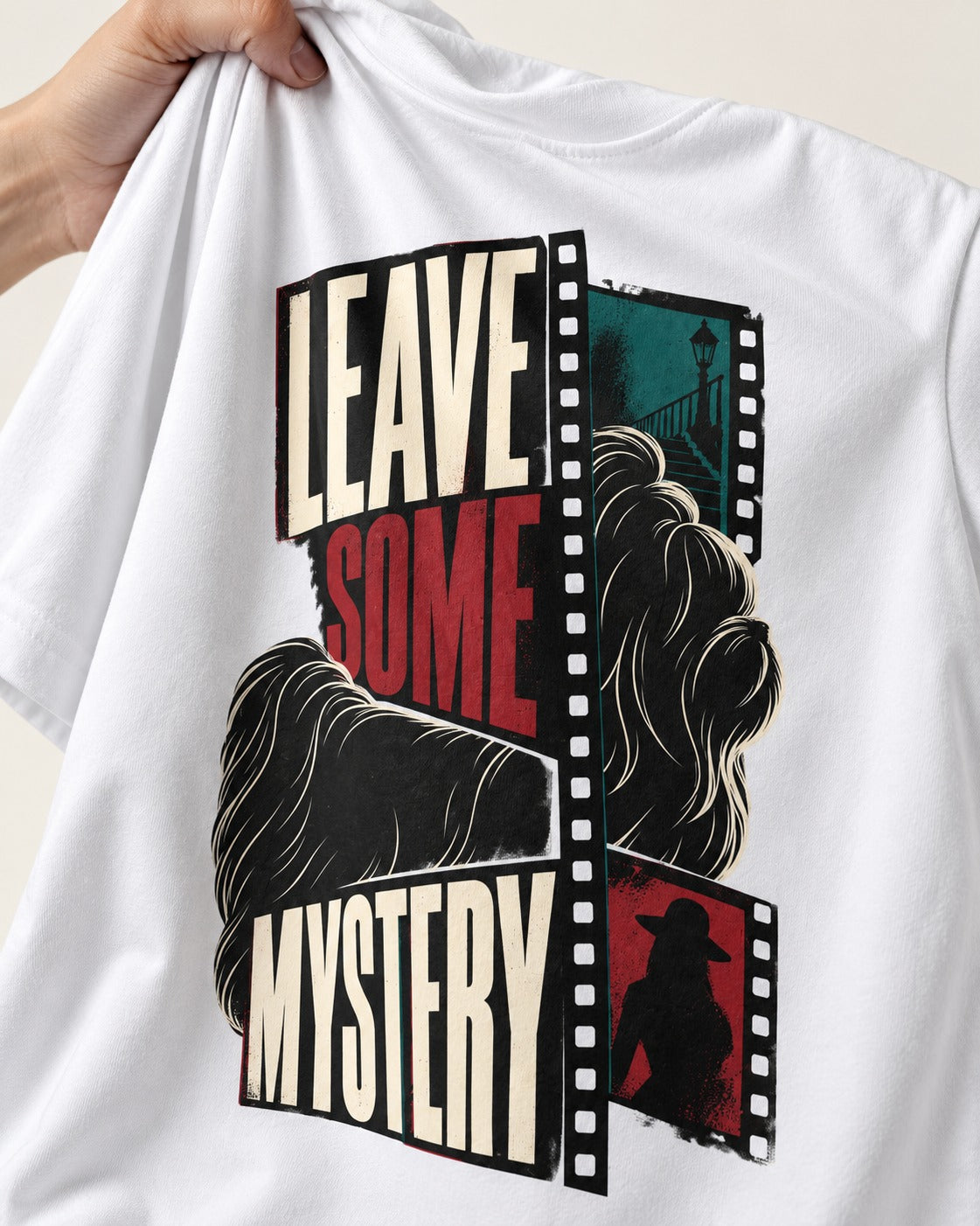 Leave Some Mystery Shih Tzu T-Shirt in White, close-up of the graphic