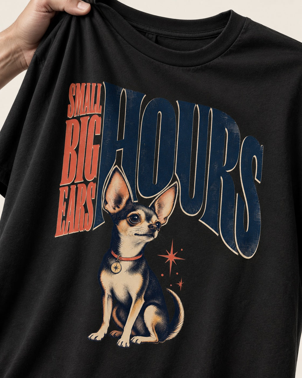 Chihuahua Small Big Ears Hours T-Shirt in Black, close-up of the graphic