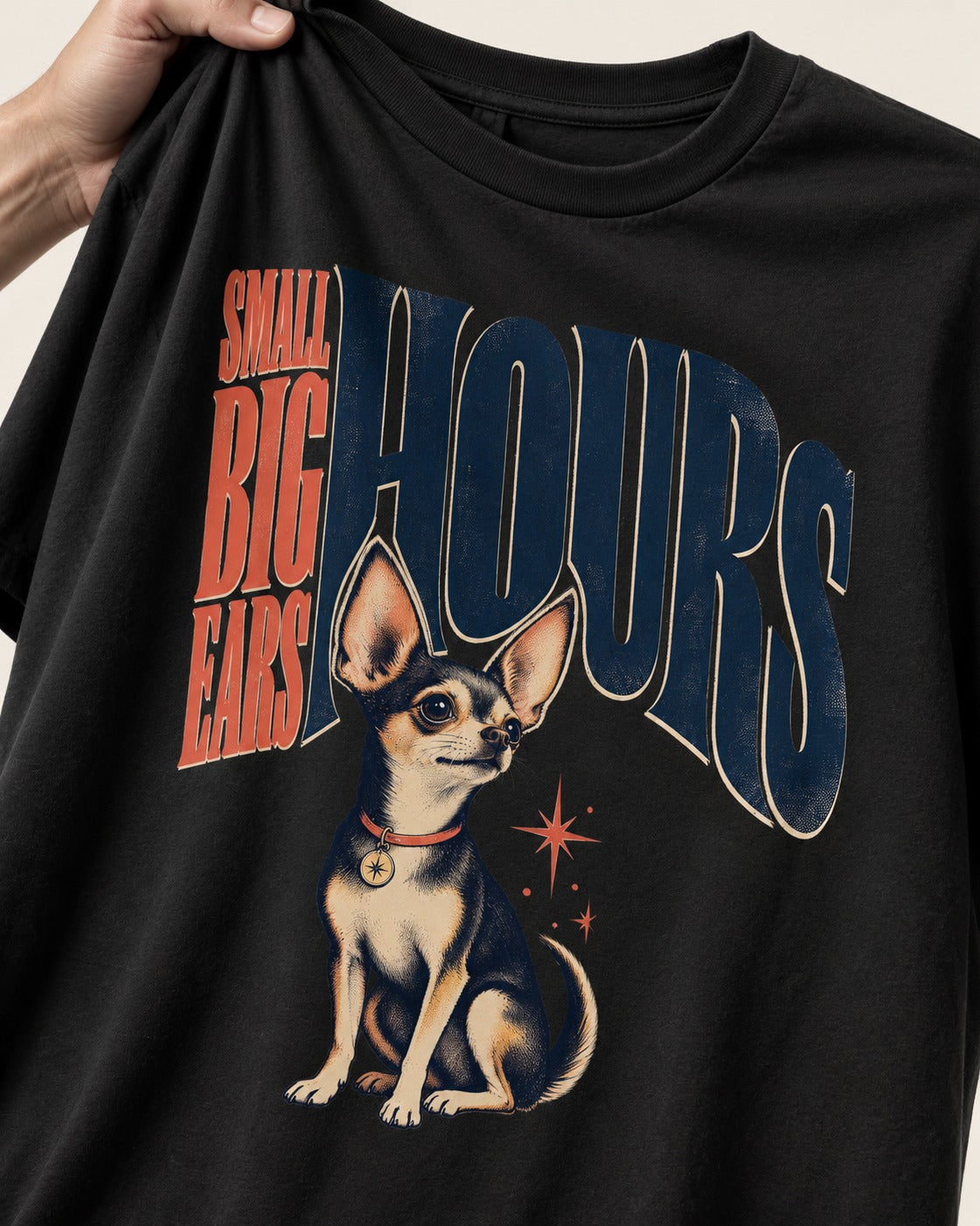Chihuahua Small Big Ears Hours T-Shirt in Black, close-up of the graphic