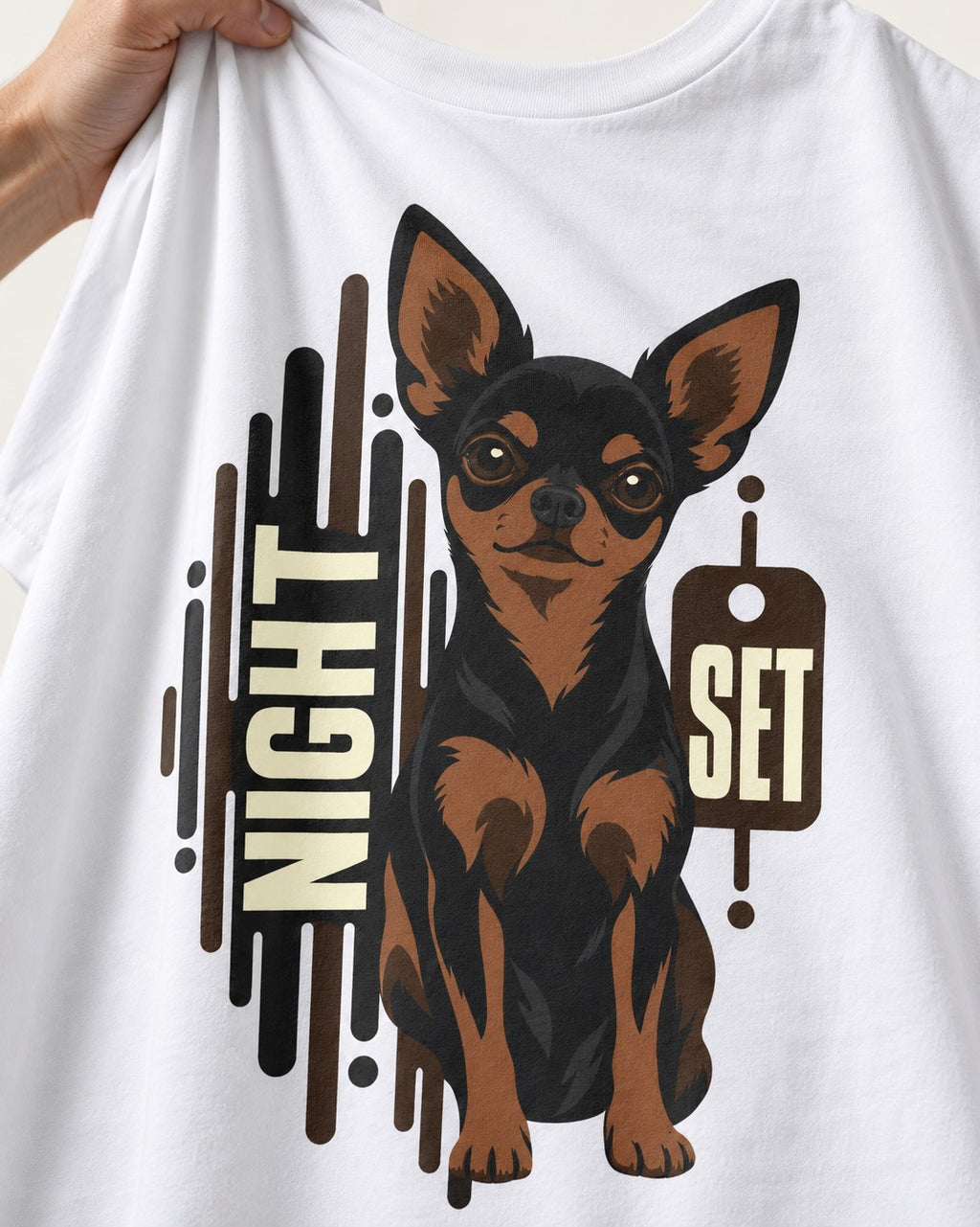 Chihuahua Night Set T-Shirt in White, close-up of the graphic