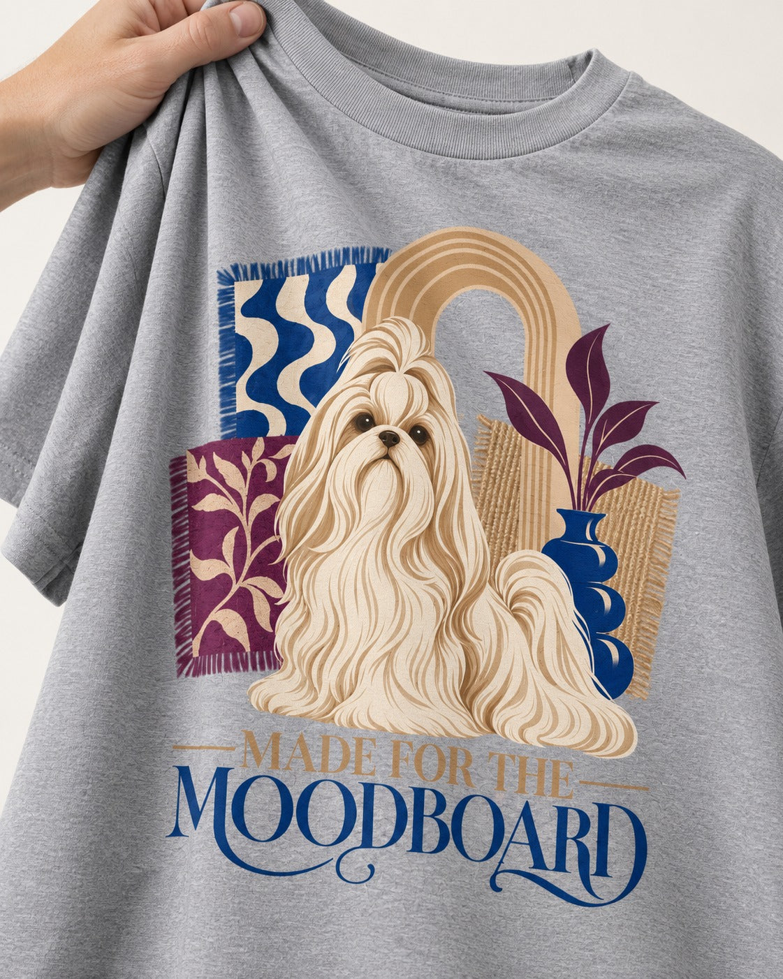 Shih Tzu Made for the Moodboard Boho Interior Graphic T-Shirt in Sport Grey, close-up of the graphic