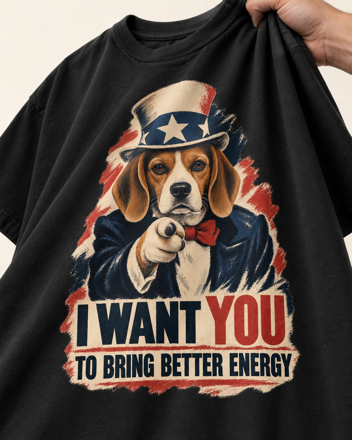 Bring Better Energy Beagle Uncle Sam T-Shirt in Black, close-up of the graphic