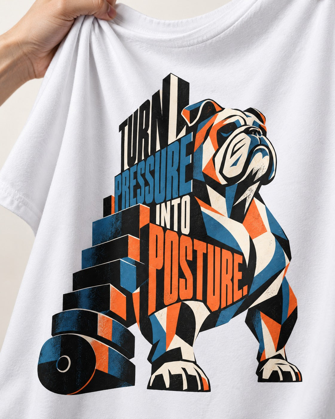 Turn Pressure Into Posture English Bulldog T-Shirt in White, close-up of the graphic