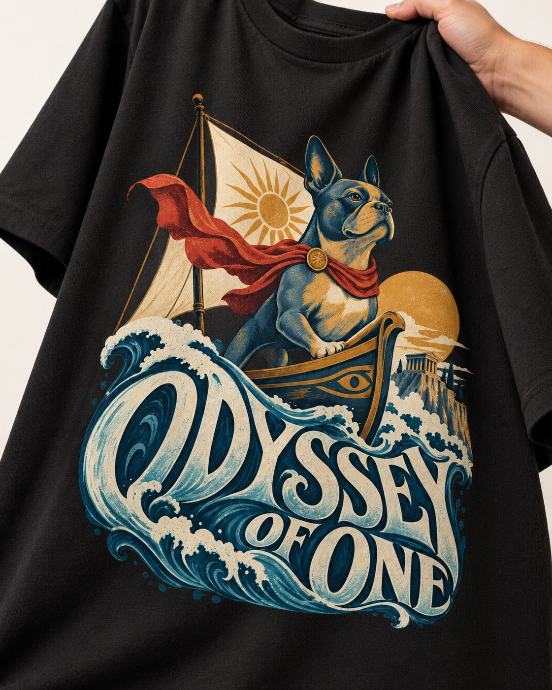 Boston Terrier Odyssey of One T-Shirt in Black, close-up of the graphic