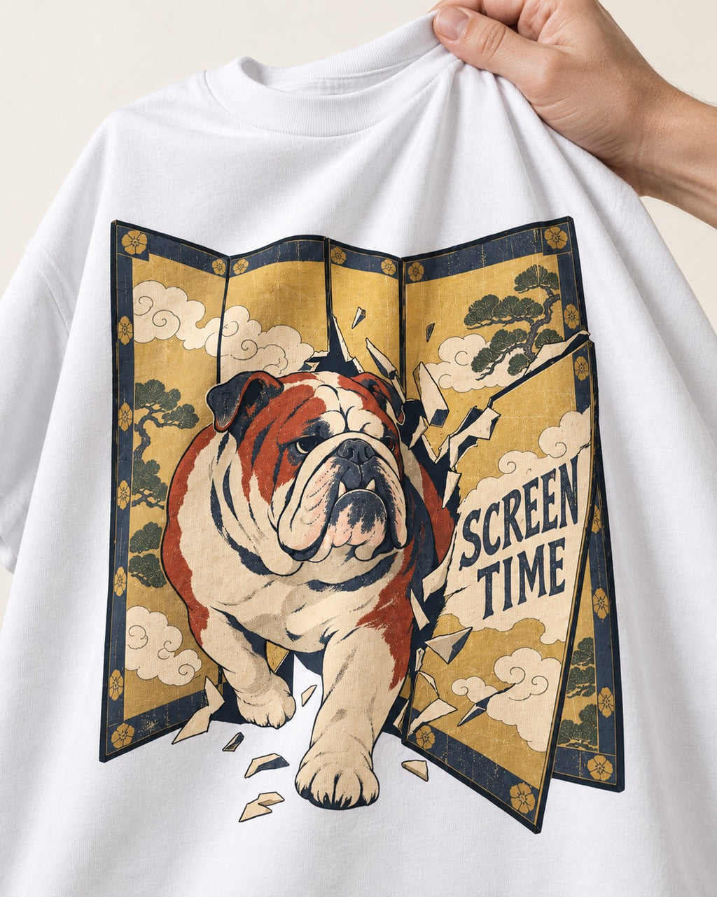 English Bulldog Screen Time T-Shirt in White, close-up of the graphic