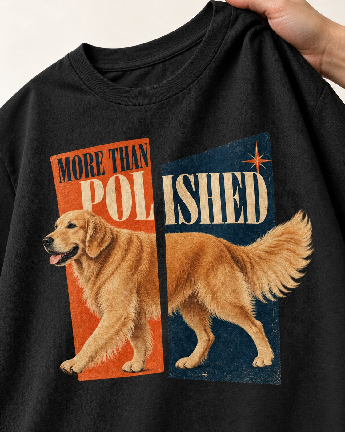 Golden Retriever More Than Polished Split Panel Graphic T-Shirt in Black, close-up of the graphic