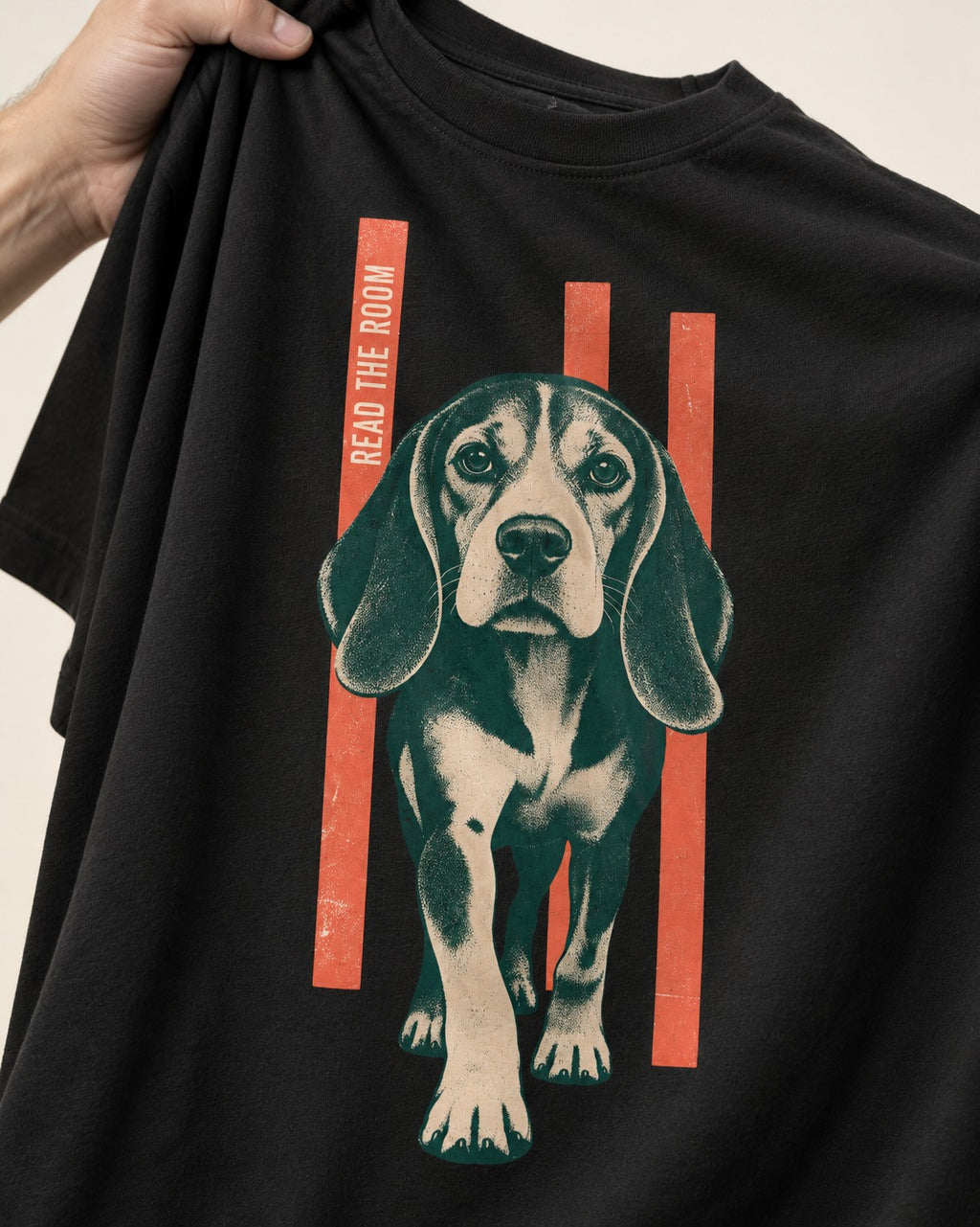 Beagle Before The Move Walking Portrait T-Shirt in Black, close-up of the graphic