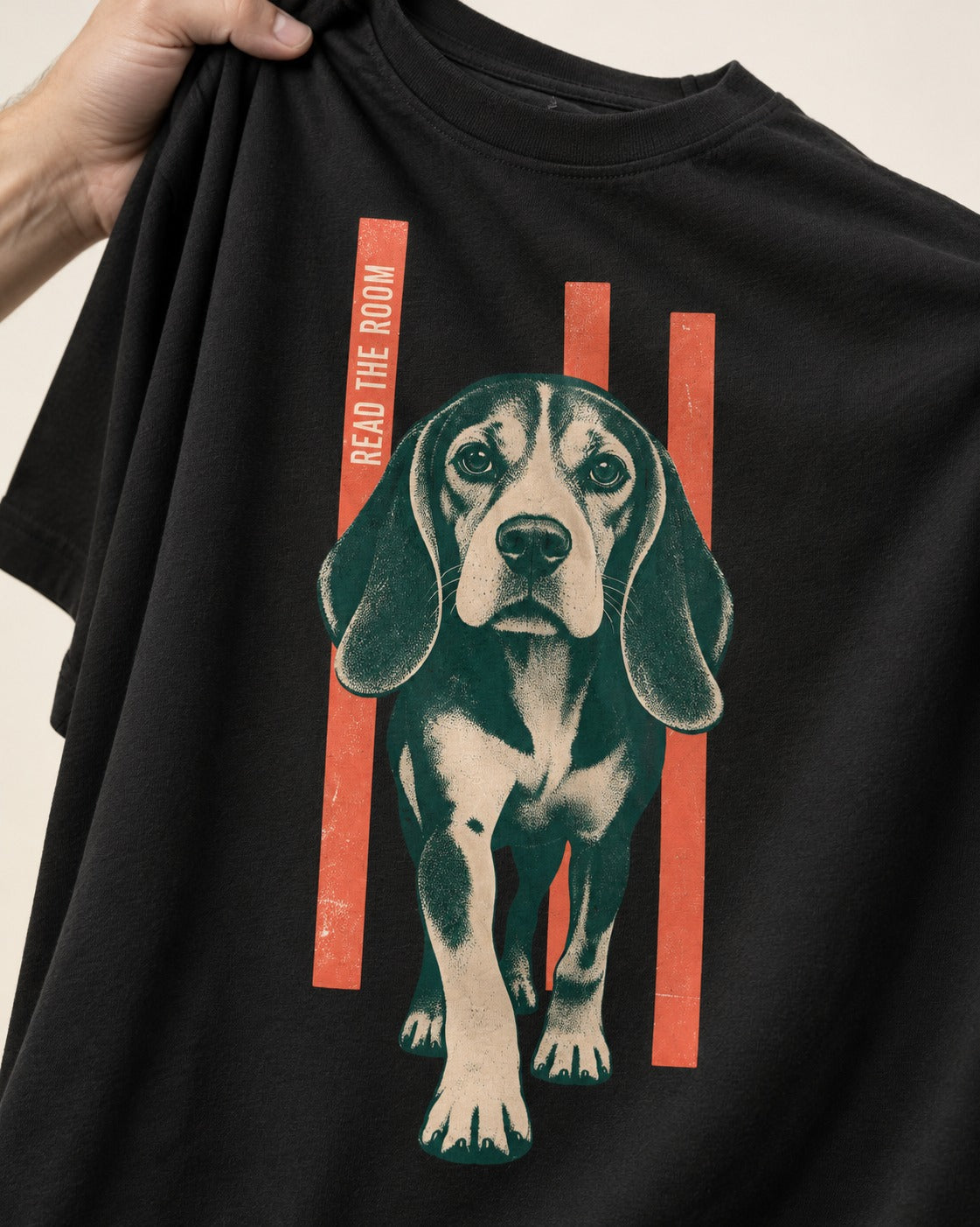 Beagle Before The Move Walking Portrait T-Shirt in Black, close-up of the graphic