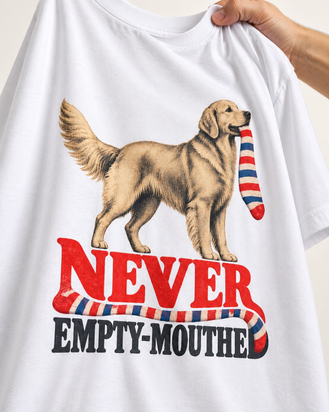 Never Empty Mouthed Golden Retriever T-Shirt in White, close-up of the graphic