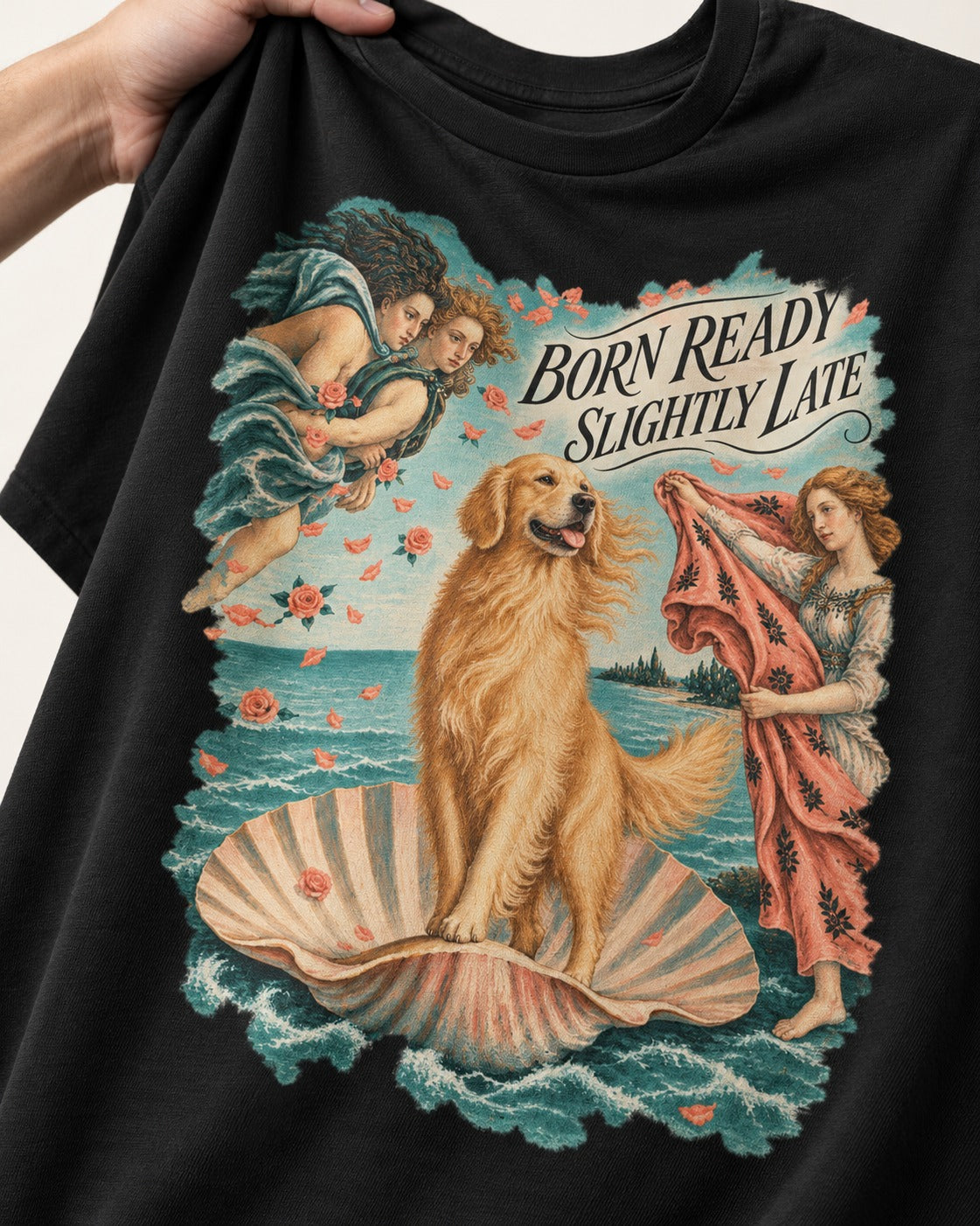 Born Ready Slightly Late Venus Golden Retriever Graphic T-Shirt in Black, close-up of the graphic