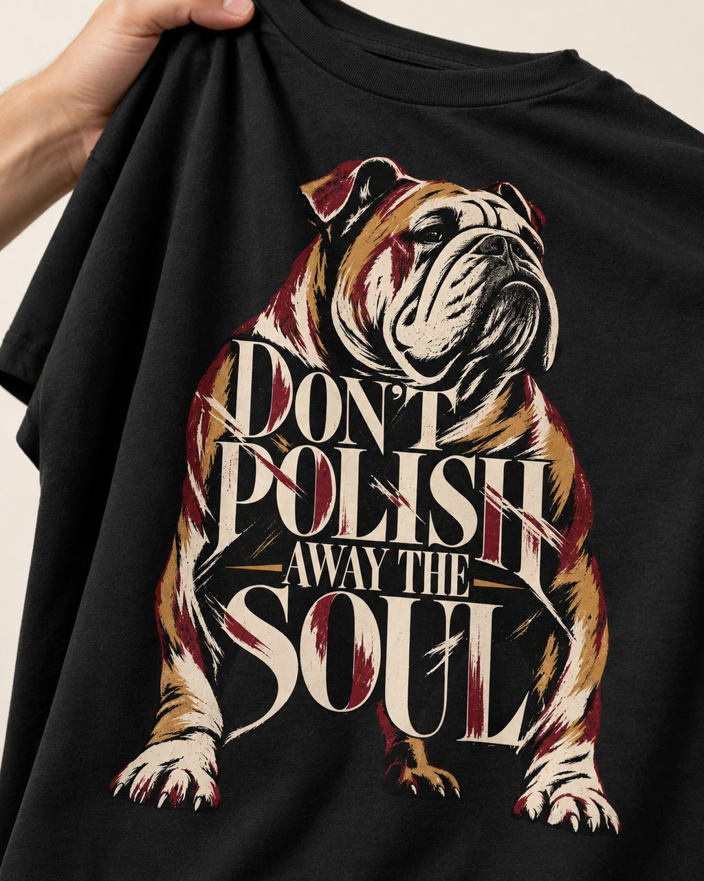English Bulldog Don't Polish Away the Soul Typography Graphic T-Shirt in Black, close-up of the graphic