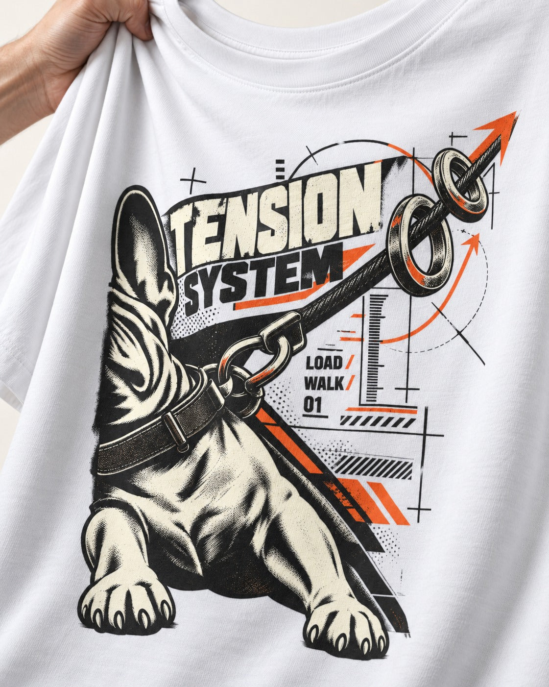Frenchie Tension System T-Shirt in White, close-up of the graphic