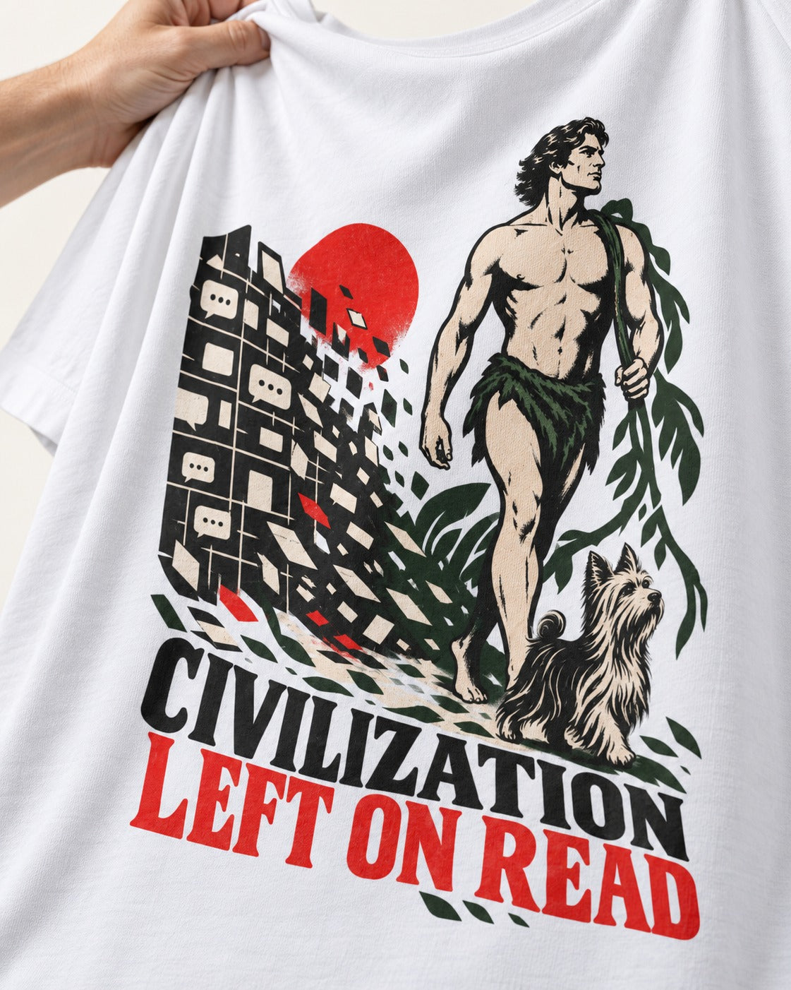 Yorkshire Terrier Left Civilization on Read T-Shirt in White, close-up of the graphic