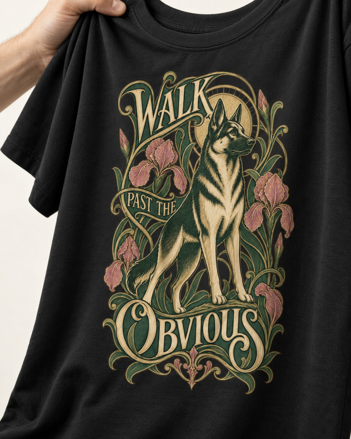 Walk Past The Obvious Art Nouveau German Shepherd Dog Graphic T-Shirt in Black, close-up of the graphic