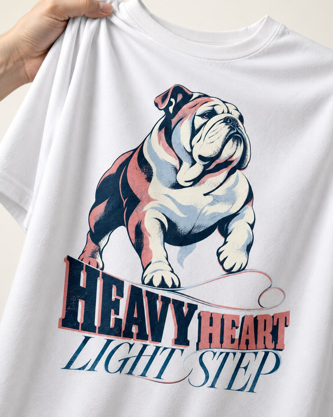 Heavy Heart Light Step English Bulldog T-Shirt in White, close-up of the graphic