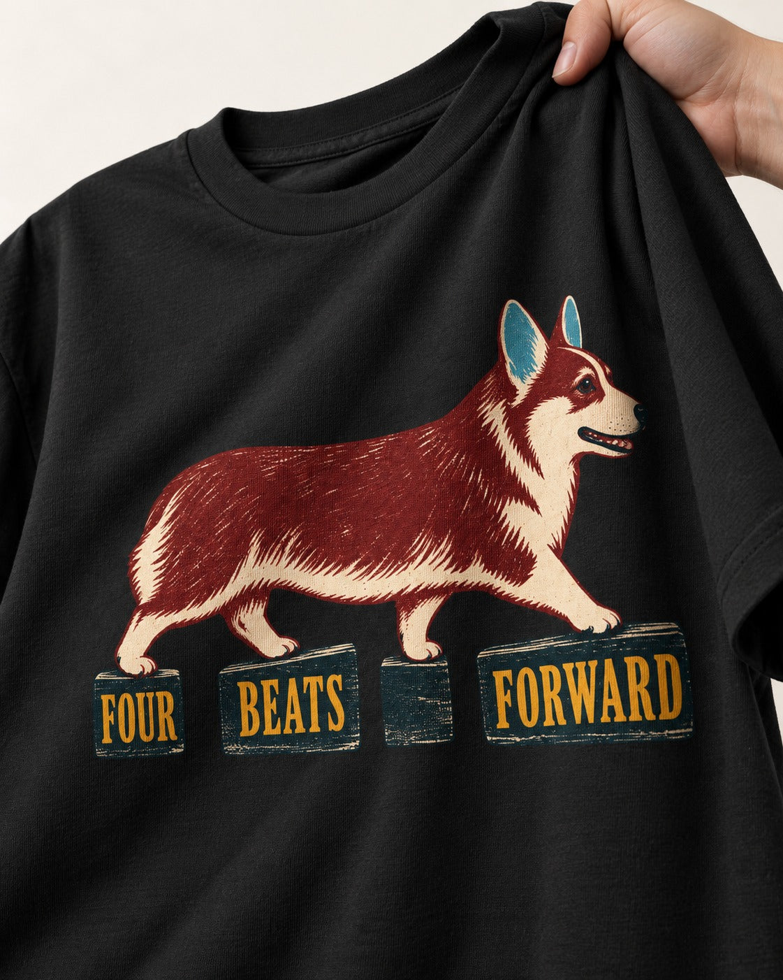 Corgi Four Beats Forward T-Shirt in Black, close-up of the graphic