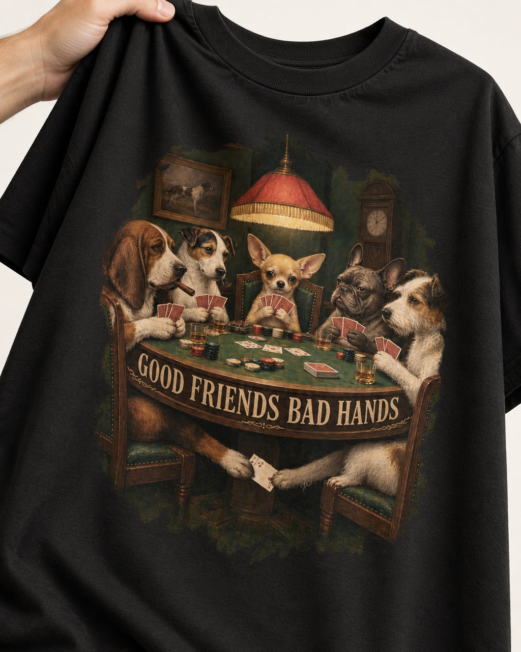 Good Friends Bad Hands Chihuahua Poker Scene T-Shirt in Black, close-up of the graphic