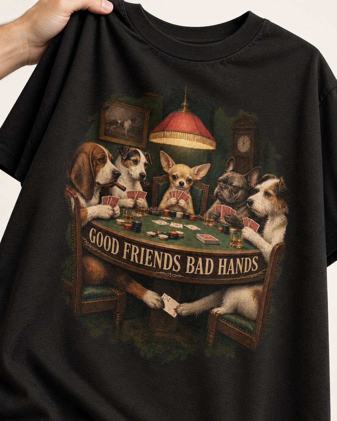 Good Friends Bad Hands Chihuahua Poker Scene T-Shirt in Black, close-up of the graphic